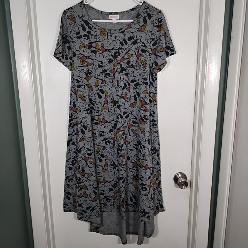 LuLaRoe S Carly Disney Mickey Mouse Dress Gray Swing High Low Short Sleeve